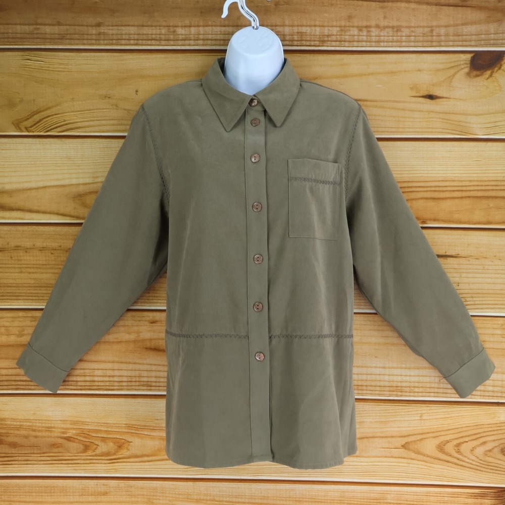 Green Long Sleeve Button Up Shirt Shoulder Pads Womens Sz PM Point Collar TanJay